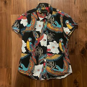 Wildfang Navy Parrot Floral Print Short Sleeve Button Down Sz SM